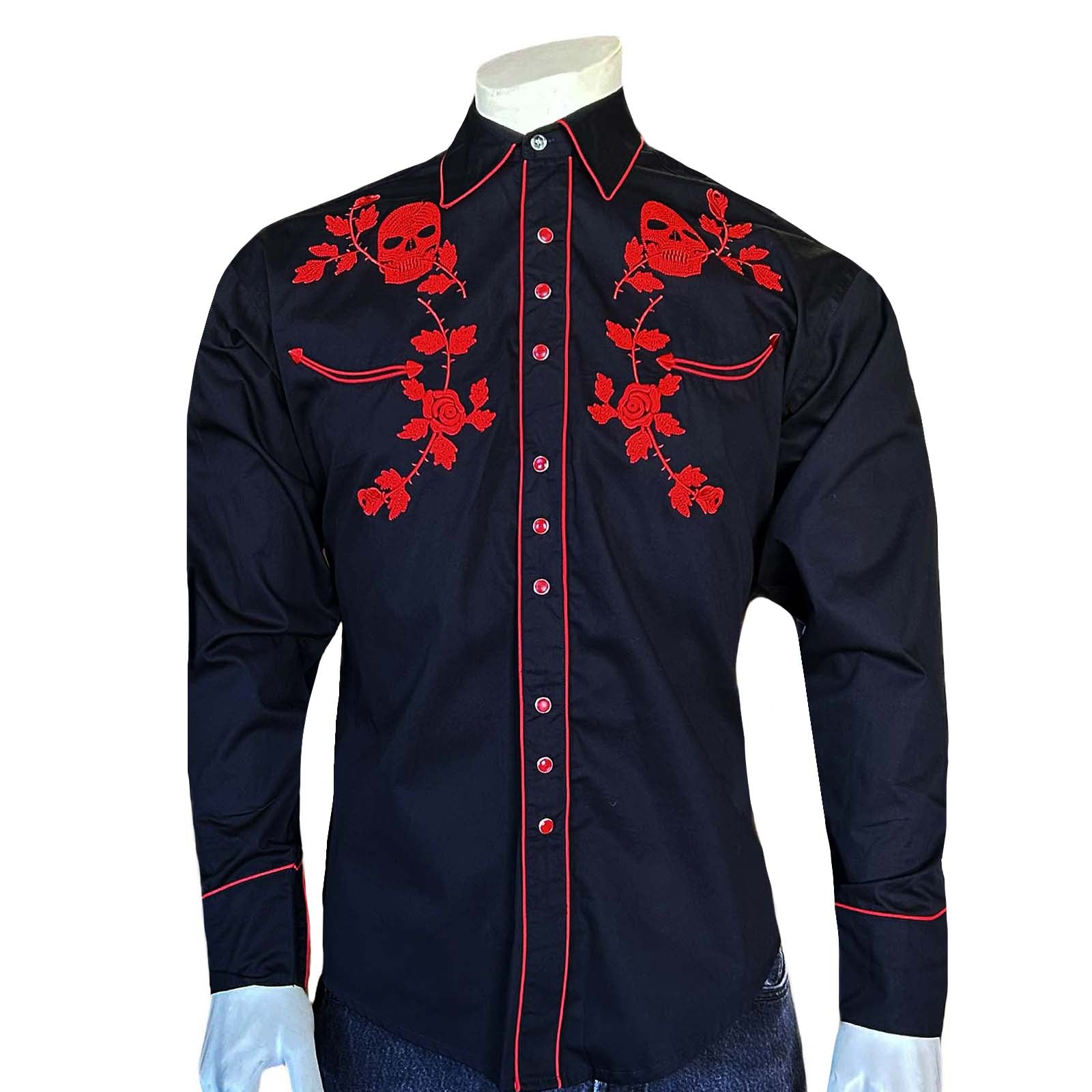 Men’s Vintage Black Skull & Roses Chain Stitch Embroidery Western Shirt