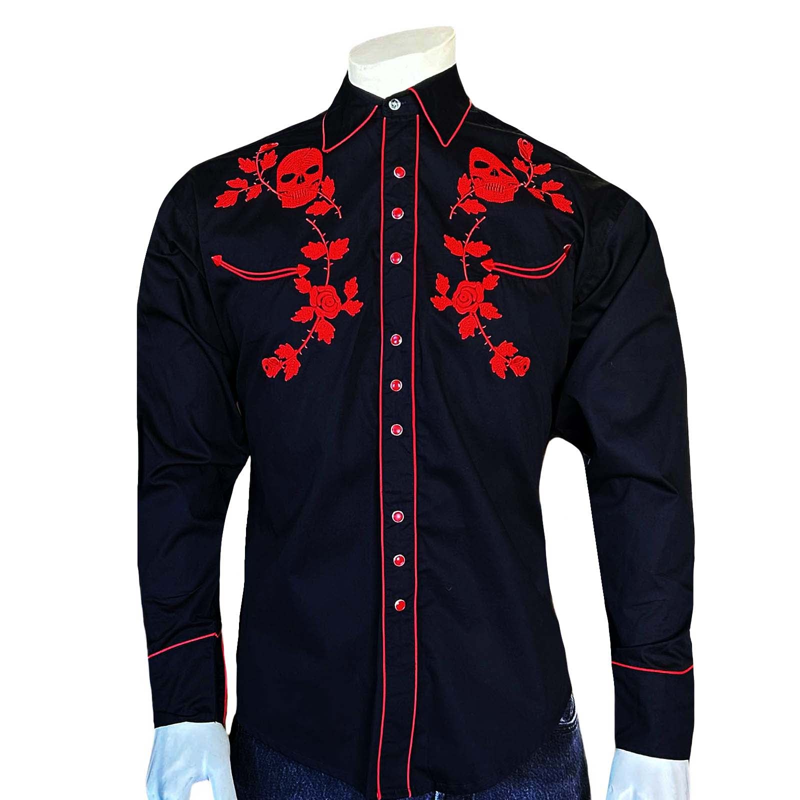 Sunrise Outlet Men's Retro Leaf Embroidery Western Shirt - Black, Cotton Blend, Large
