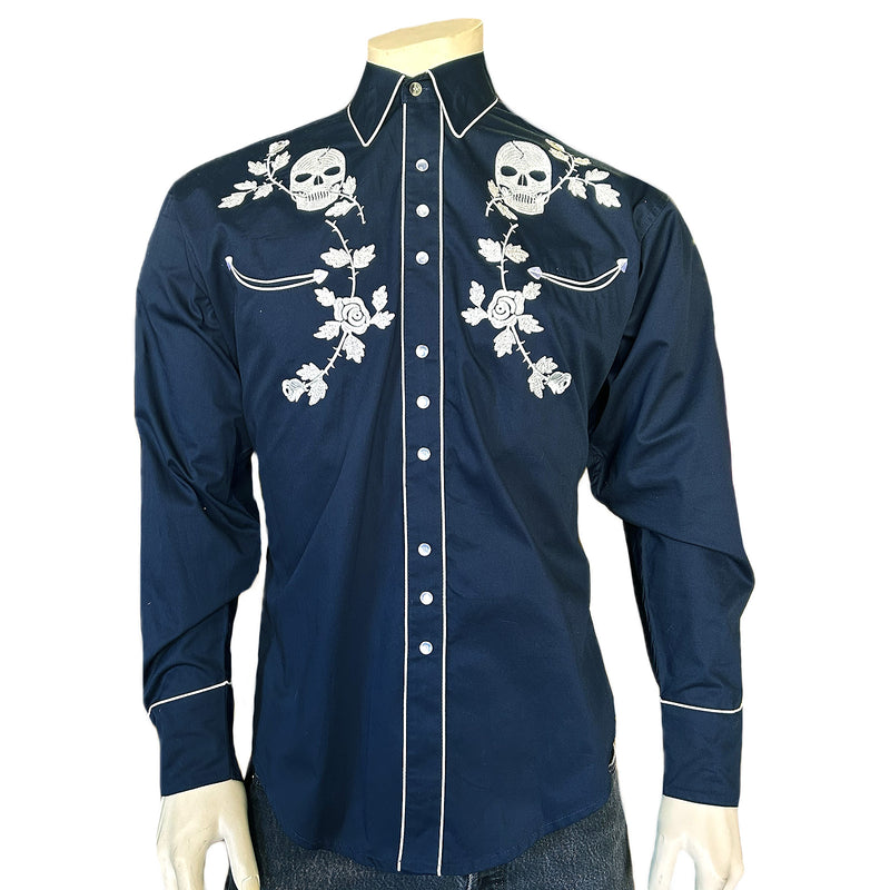 Rockmount Men’s Vintage Navy Skull & Roses Chain Stitch Embroidery ...
