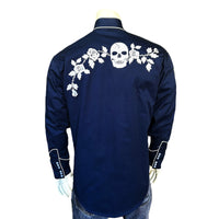 Men’s Vintage Navy Skull & Roses Chain Stitch Embroidered Western Shirt