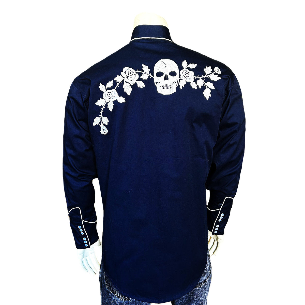 Men’s Vintage Navy Skull & Roses Chain Stitch Embroidered Western Shirt