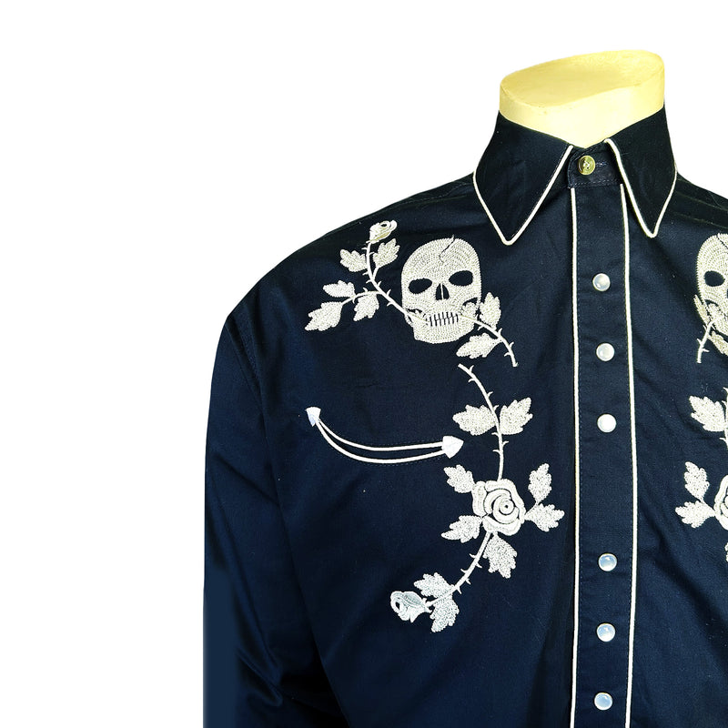 Men’s Vintage Navy Skull & Roses Chain Stitch Embroidered Western Shirt