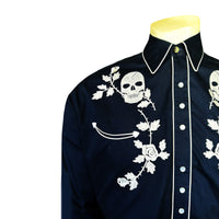 Men’s Vintage Navy Skull & Roses Chain Stitch Embroidered Western Shirt