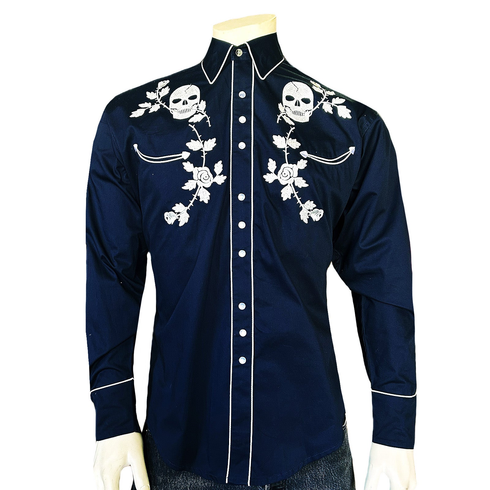 Mens Vintage Navy Skull & Roses Chain Stitch Embroidered Western Shirt - XXL Mens Vintage Navy Skull & Roses Chain Stitch Embroidered Western Shirt - XXL