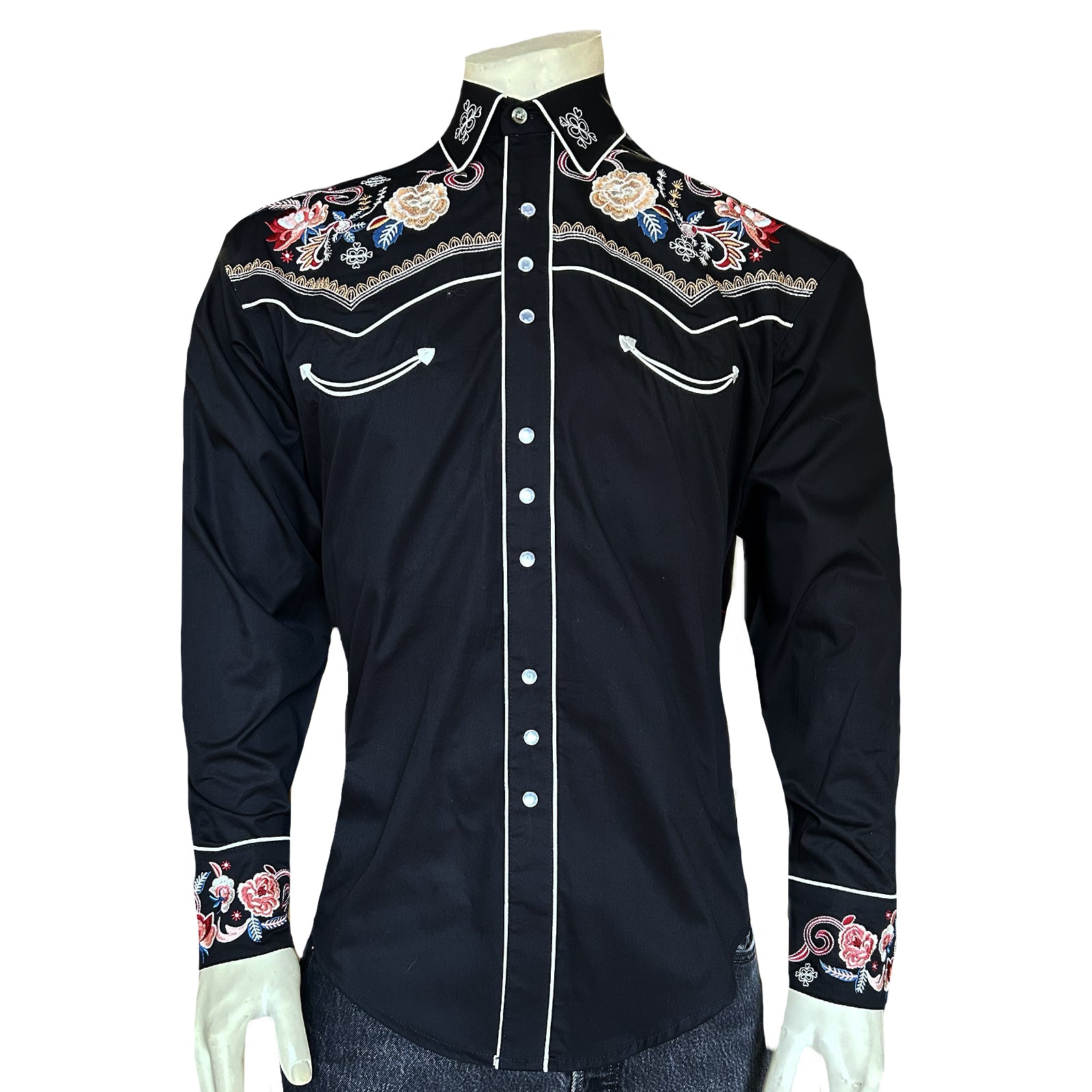 Men's Vintage Black Pastel Floral Embroidery Western Shirt