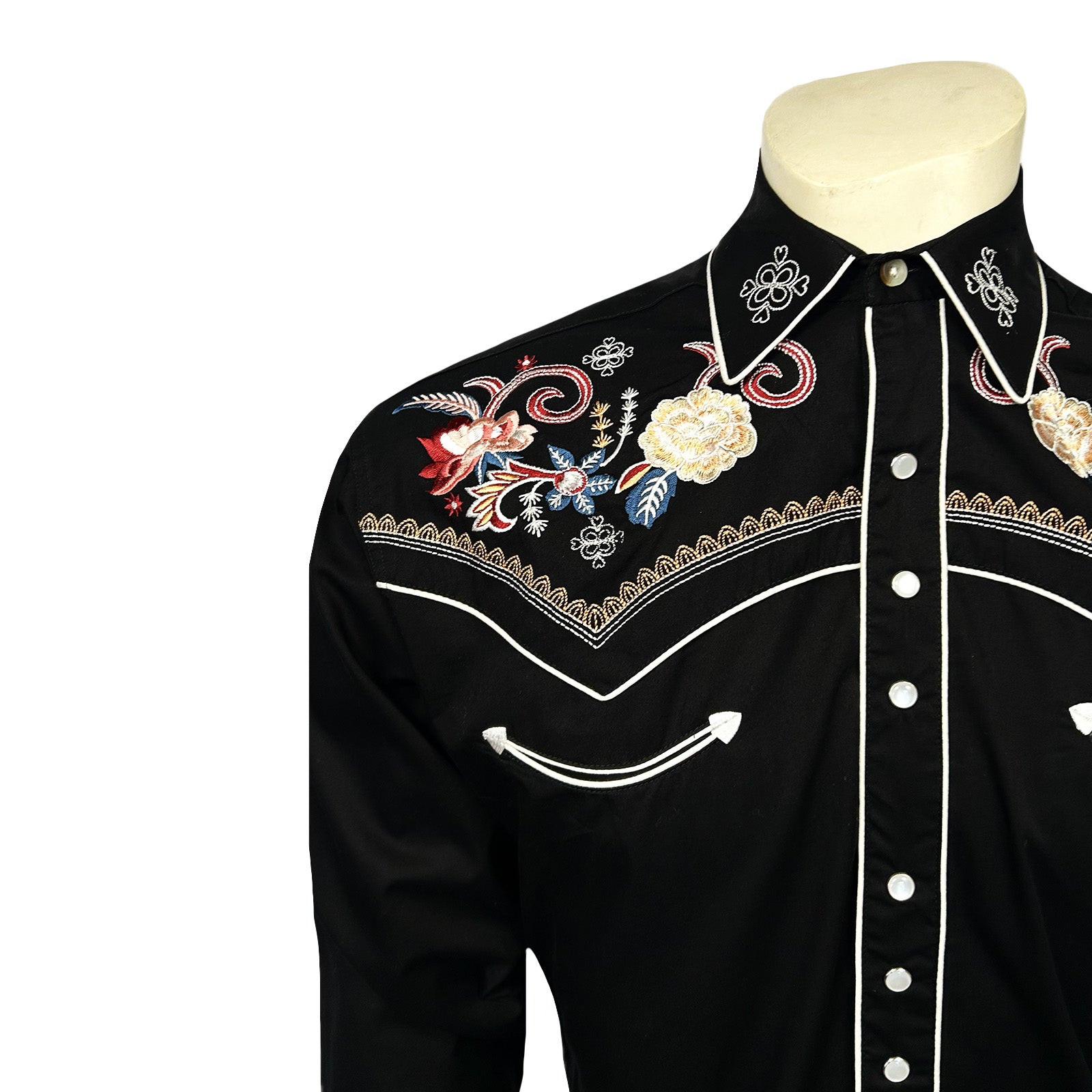 Men's Vintage Black Pastel Floral Embroidered Western Shirt