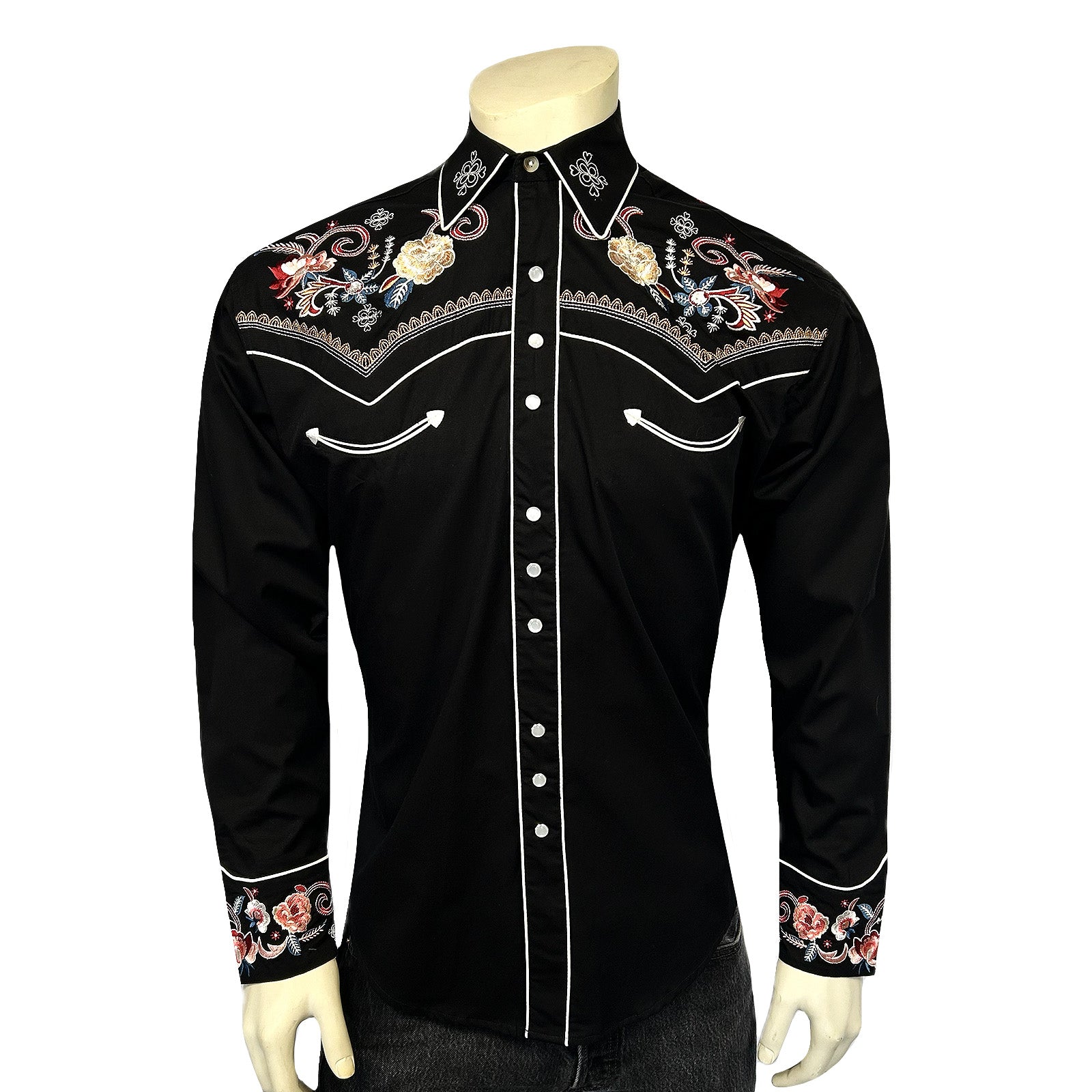 Men's Vintage Black Pastel Floral Embroidered Western Shirt