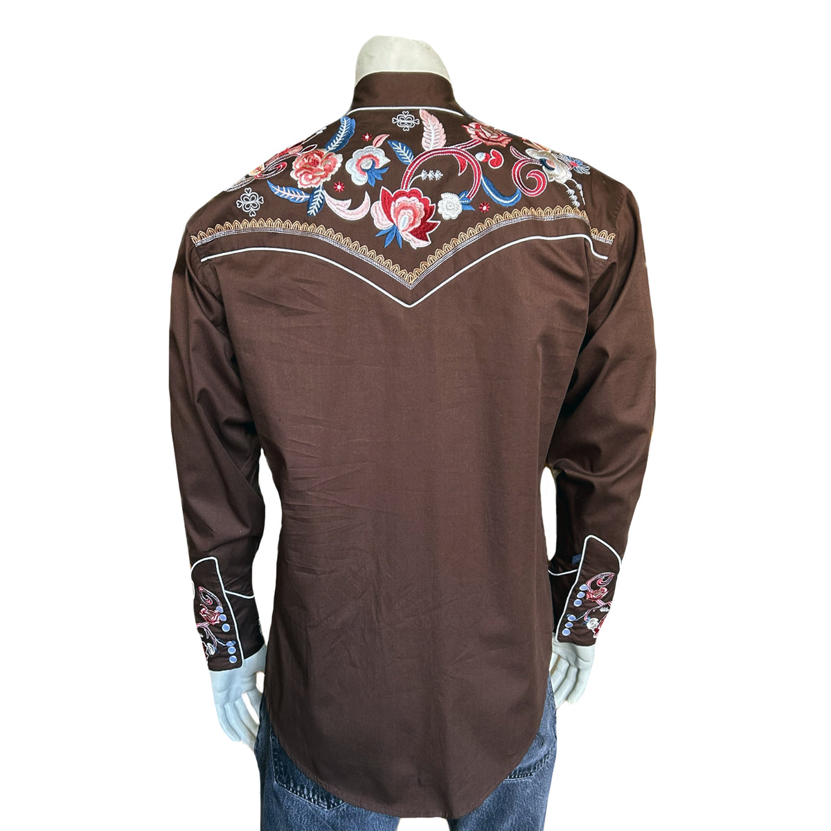 Men's Vintage Brown Pastel Floral Embroidery Western Shirt