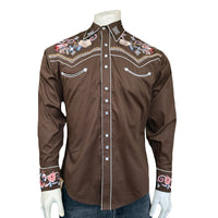 Men's Vintage Brown Pastel Floral Embroidery Western Shirt