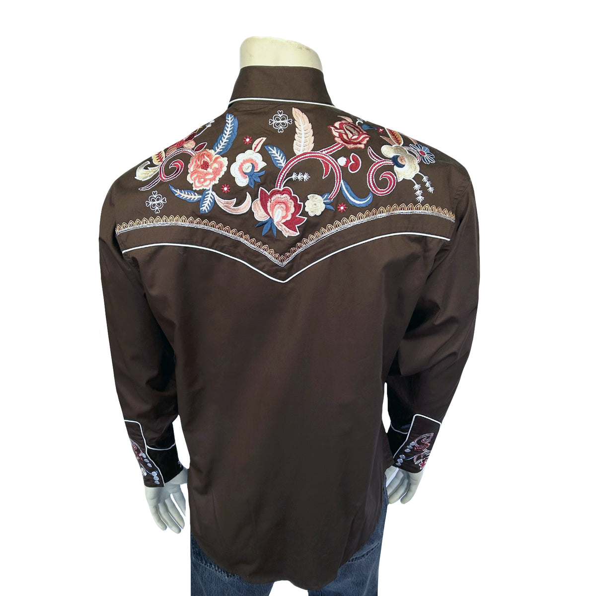 Men's Vintage Brown Pastel Floral Embroidered Western Shirt