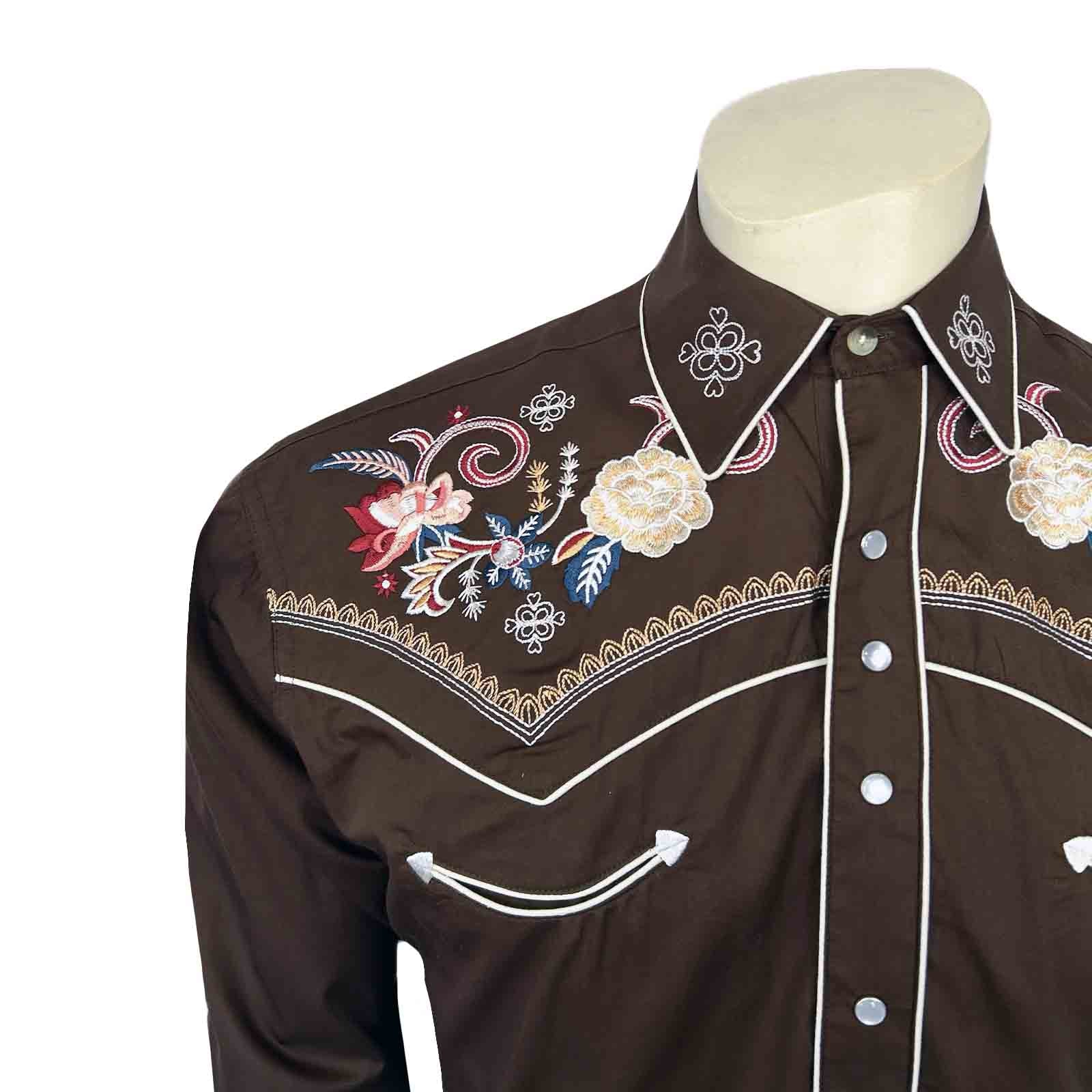 Men's Vintage Brown Pastel Floral Embroidered Western Shirt