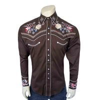 Men's Vintage Brown Pastel Floral Embroidered Western Shirt