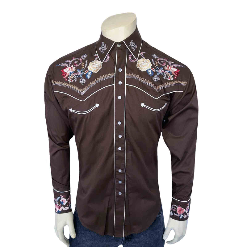 Men's Vintage Brown Pastel Floral Embroidered Western Shirt