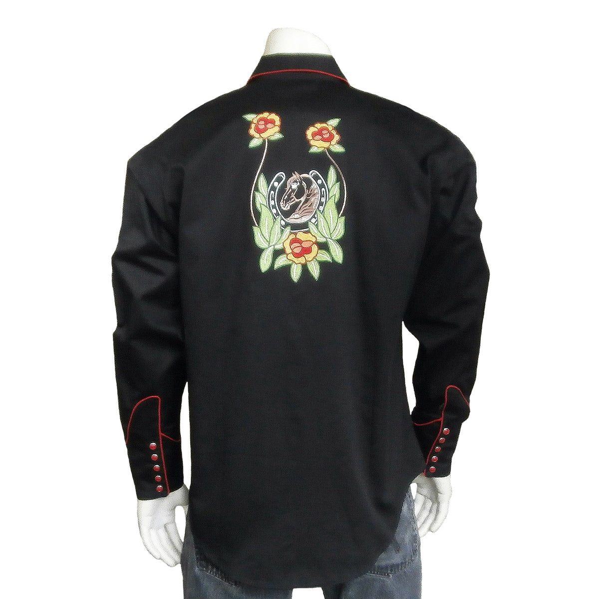 Men's Vintage Horsehead & Floral Embroidered Western Shirt in Black
