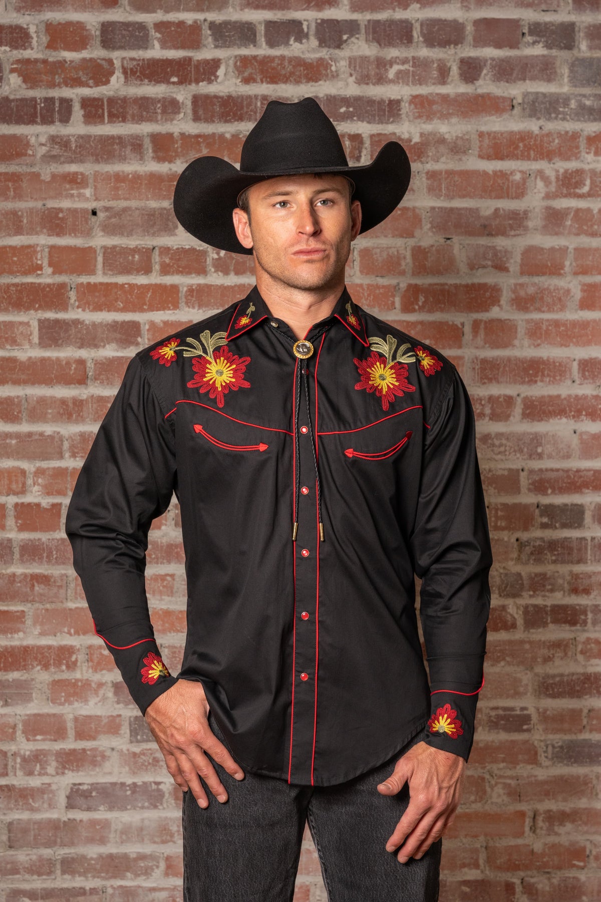 Men's Vintage Black Floral Chenille Embroidered Western Shirt by Rockmount Ranch Wear with fringe floral snaps