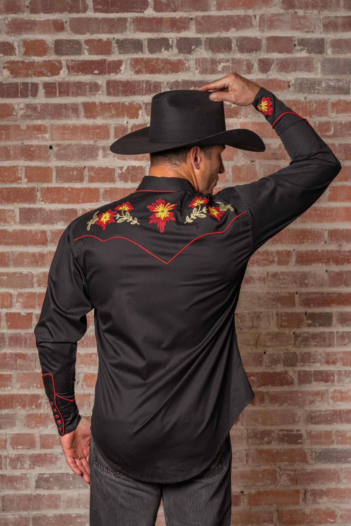 Men's Vintage Black Floral Chenille Embroidered Western Shirt