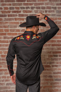 Men's Vintage Black Floral Chenille Embroidered Western Shirt by Rockmount Ranch Wear with floral embroidery