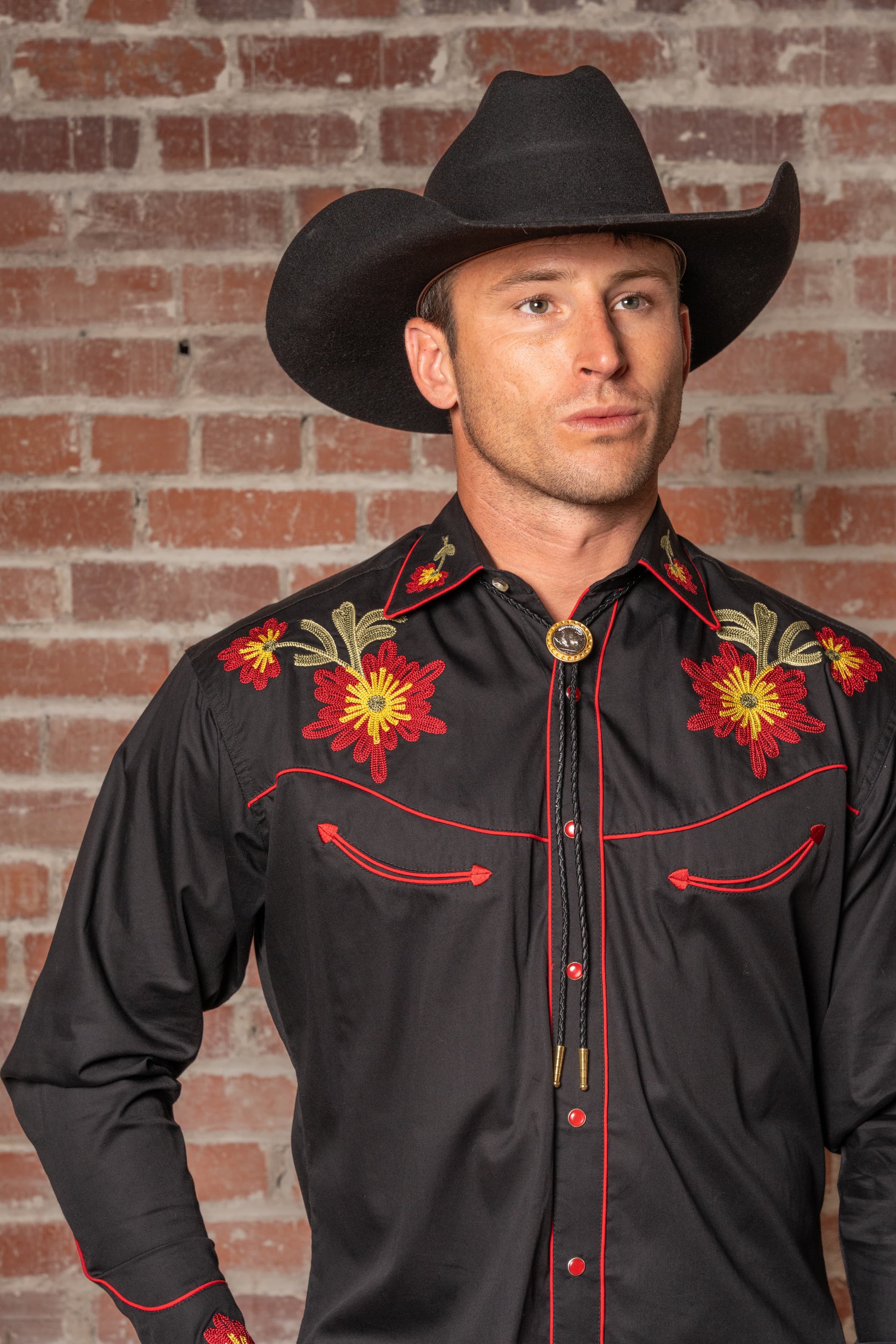Men's Vintage Black Floral Chenille Embroidered Western Shirt by Rockmount Ranch Wear with embroidered floral details