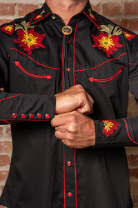 Men's Vintage Black Floral Chenille Embroidered Western Shirt by Rockmount Ranch Wear with pearl snap