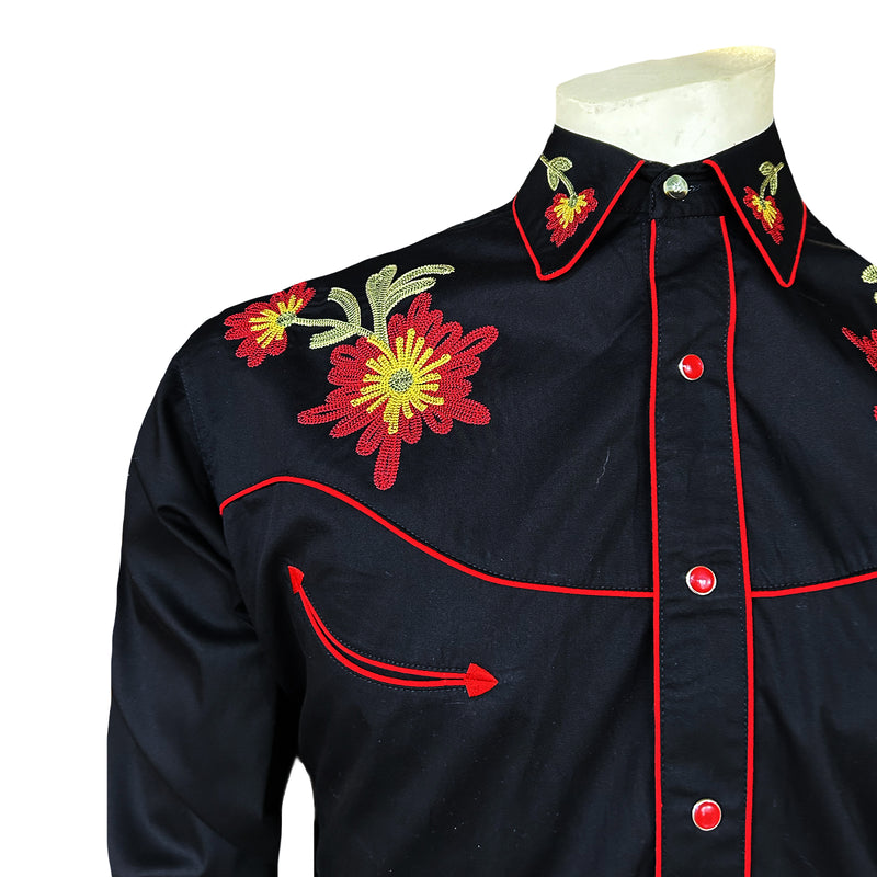 Men's Vintage Black Floral Chenille Embroidered Western Shirt