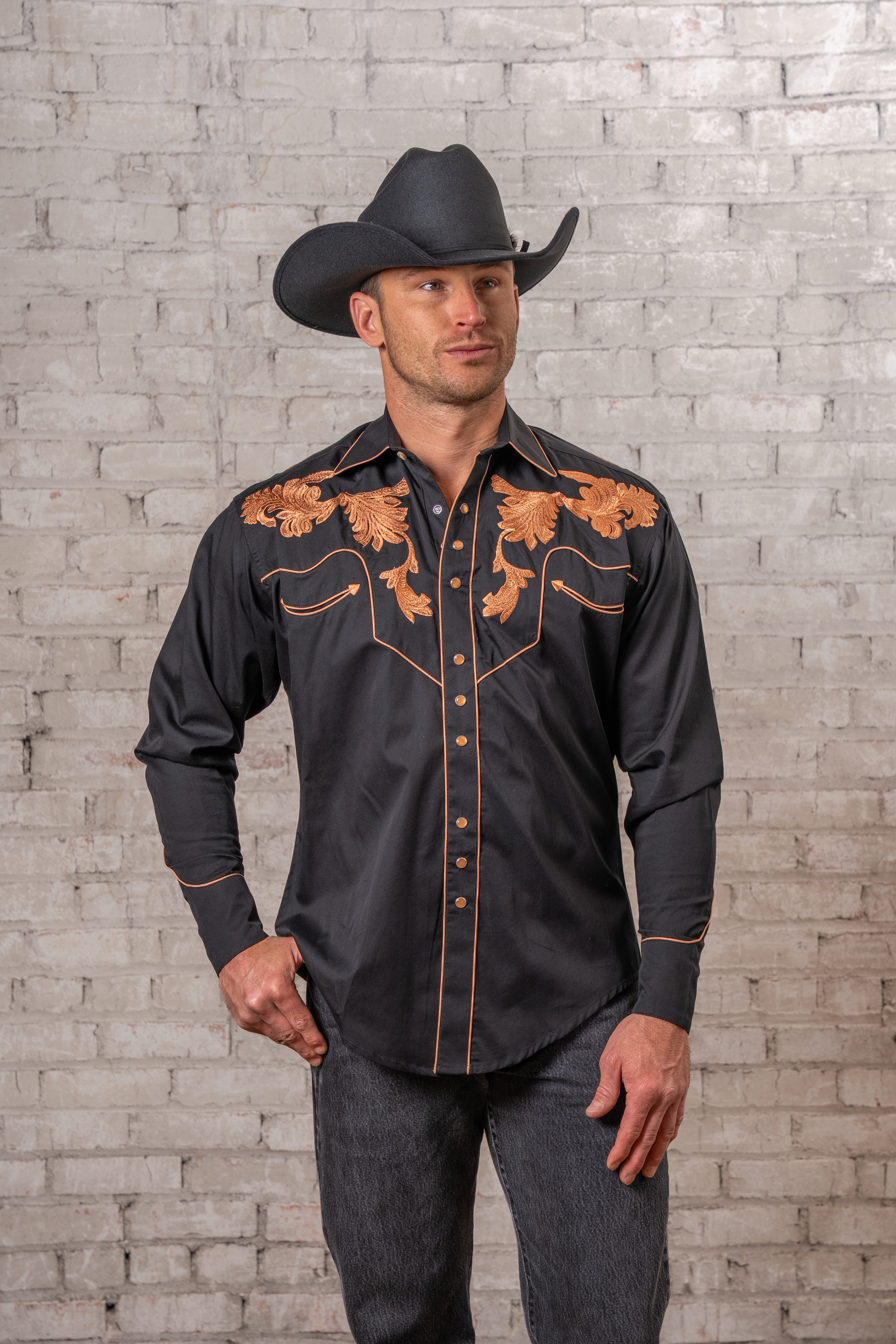 ヴィテージ品レアRockmount Ranch Wear ウエスタンシャツ L Men's Vintage Black Leaf Tooling Embroidered Western Shirt – Rockmount