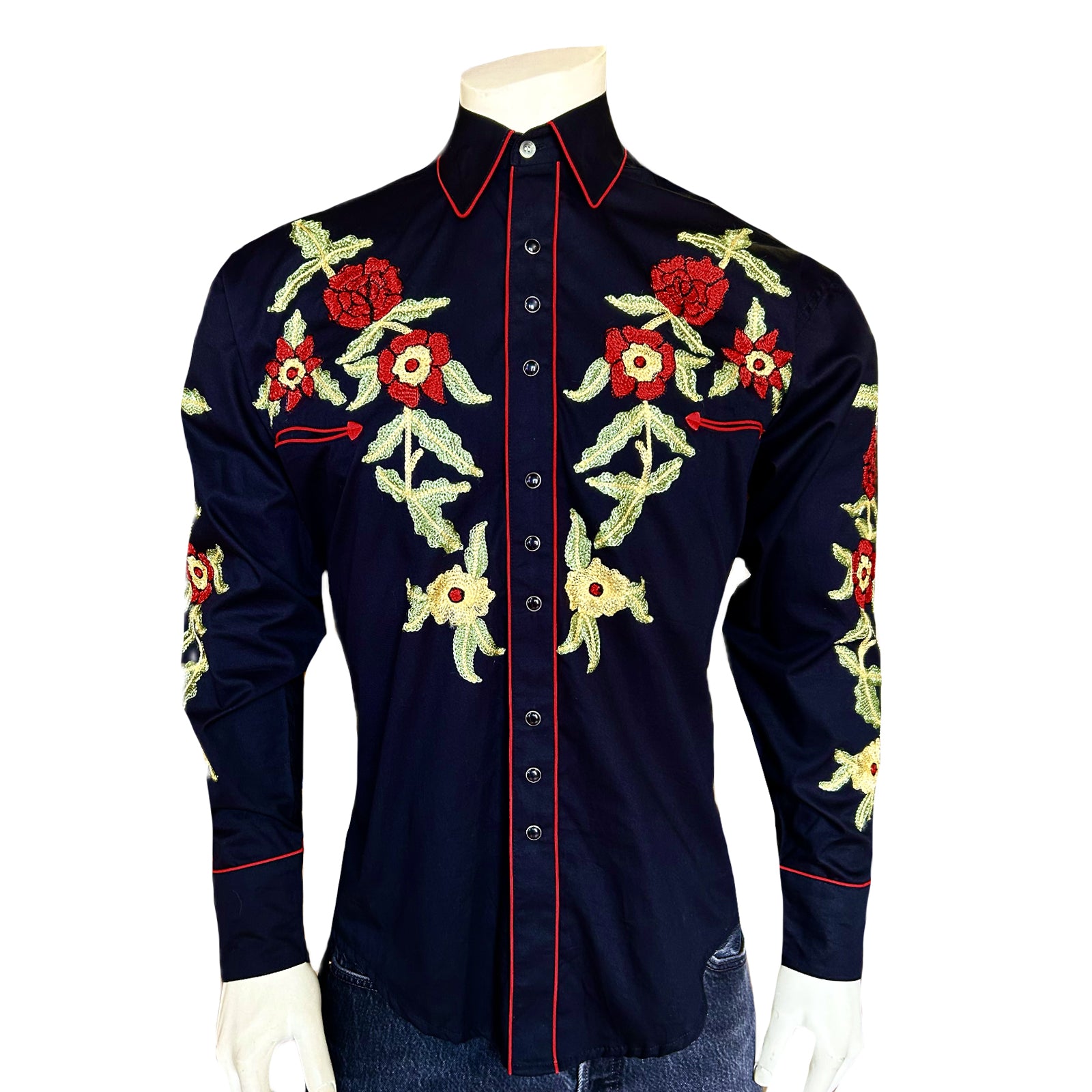 Men's Black Vintage Floral Embroidery Western Shirt