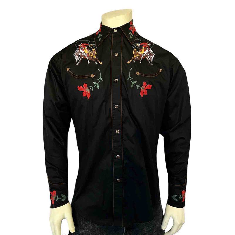 Men's Vintage Bronc Embroidered Western Shirt in Black