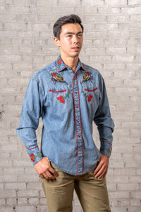 Men's Vintage Denim Bronc Embroidered Western Shirt