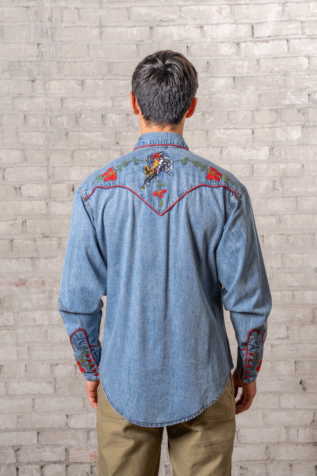 Men's Vintage Denim Bronc Embroidered Western Shirt