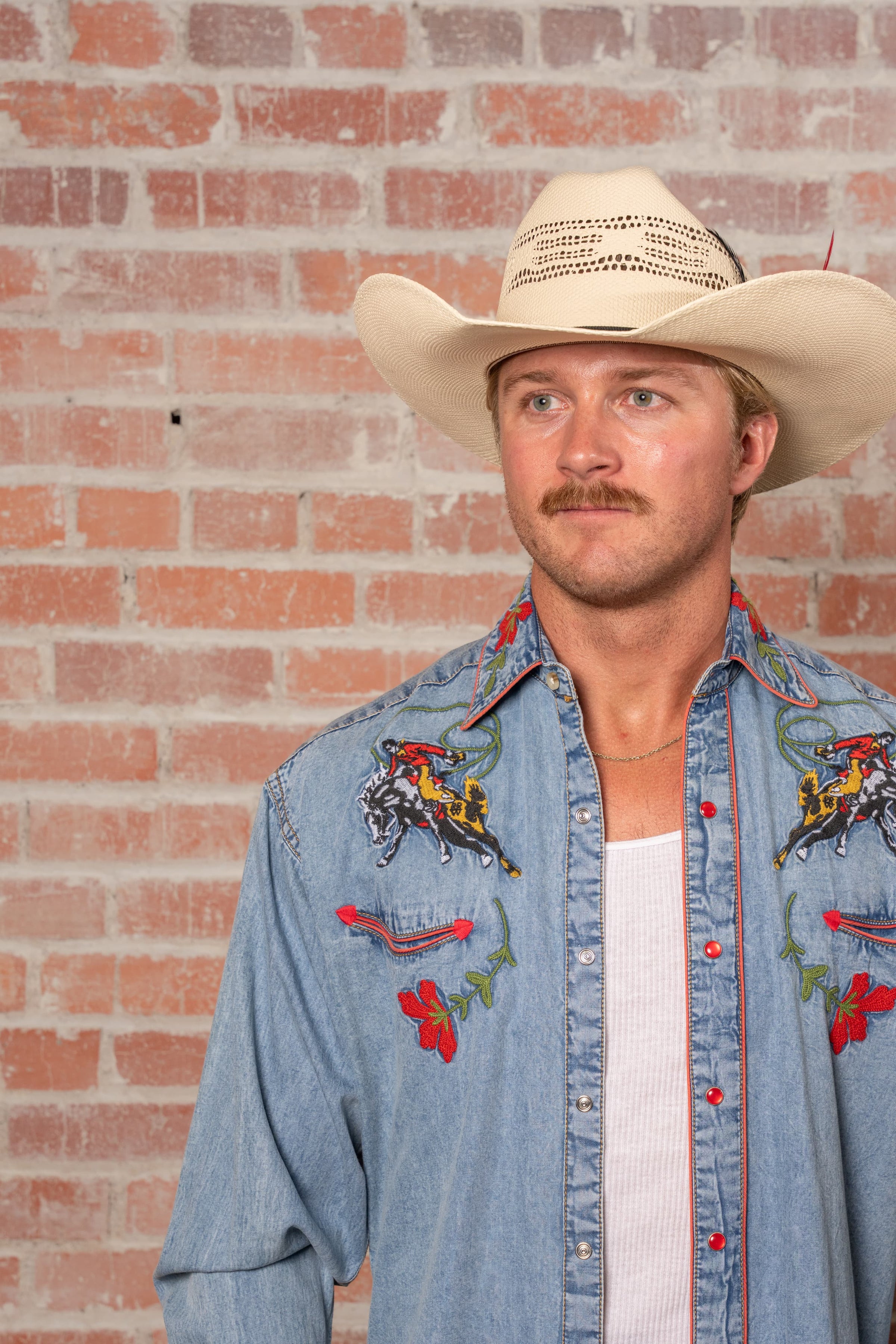 Men's Vintage Denim Bronc Embroidered Western Shirt