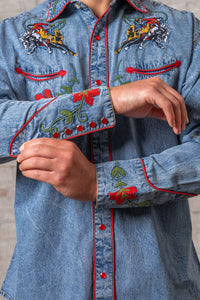 Men's Vintage Denim Bronc Embroidered Western Shirt