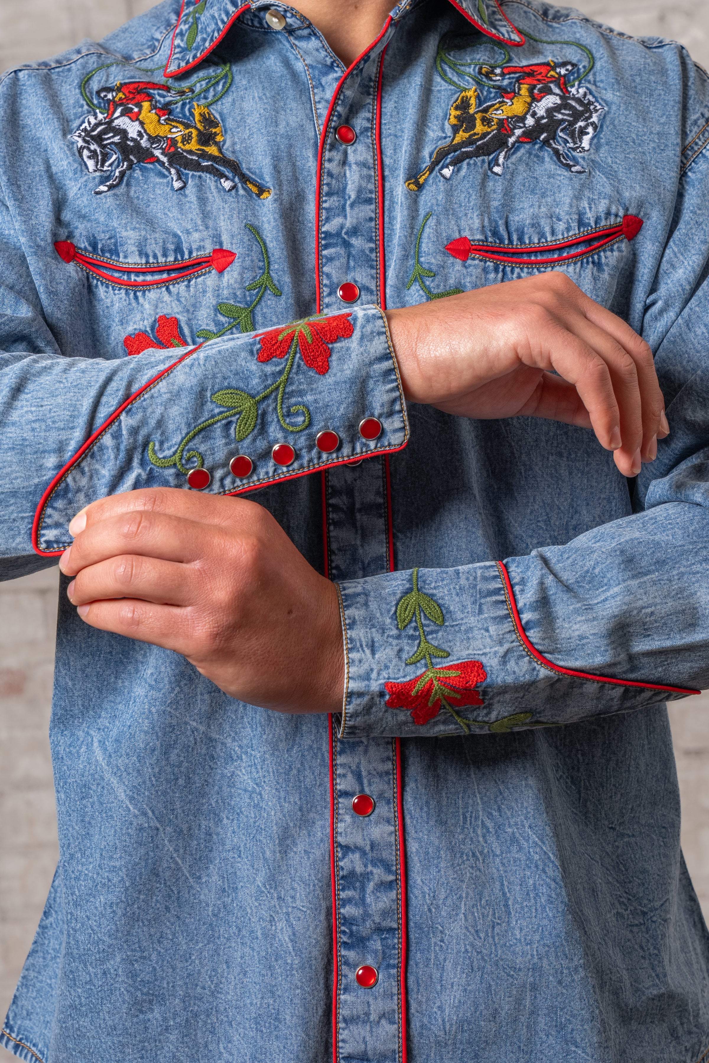 Men's Vintage Denim Bronc Embroidered Western Shirt