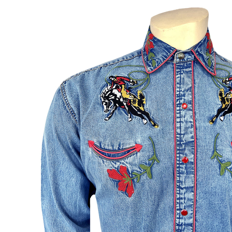 Men's Vintage Bronc Embroidered Western Shirt in Denim