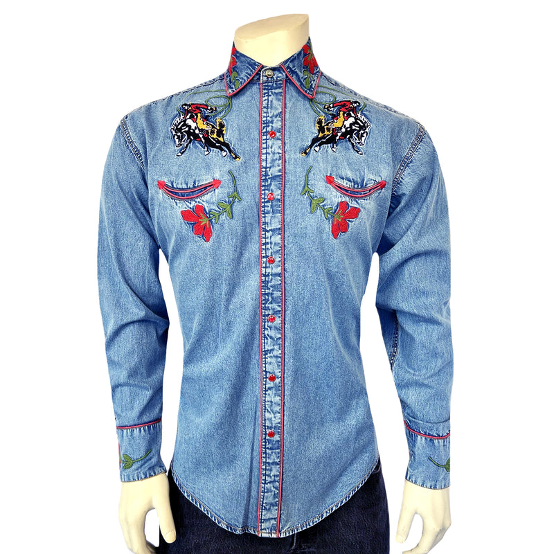 Men's Vintage Denim Bronc Embroidered Western Shirt