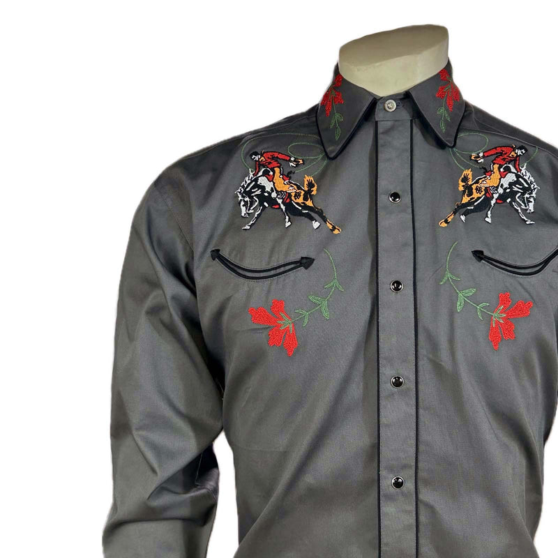 Men's Vintage Bronc Embroidered Western Shirt in Grey