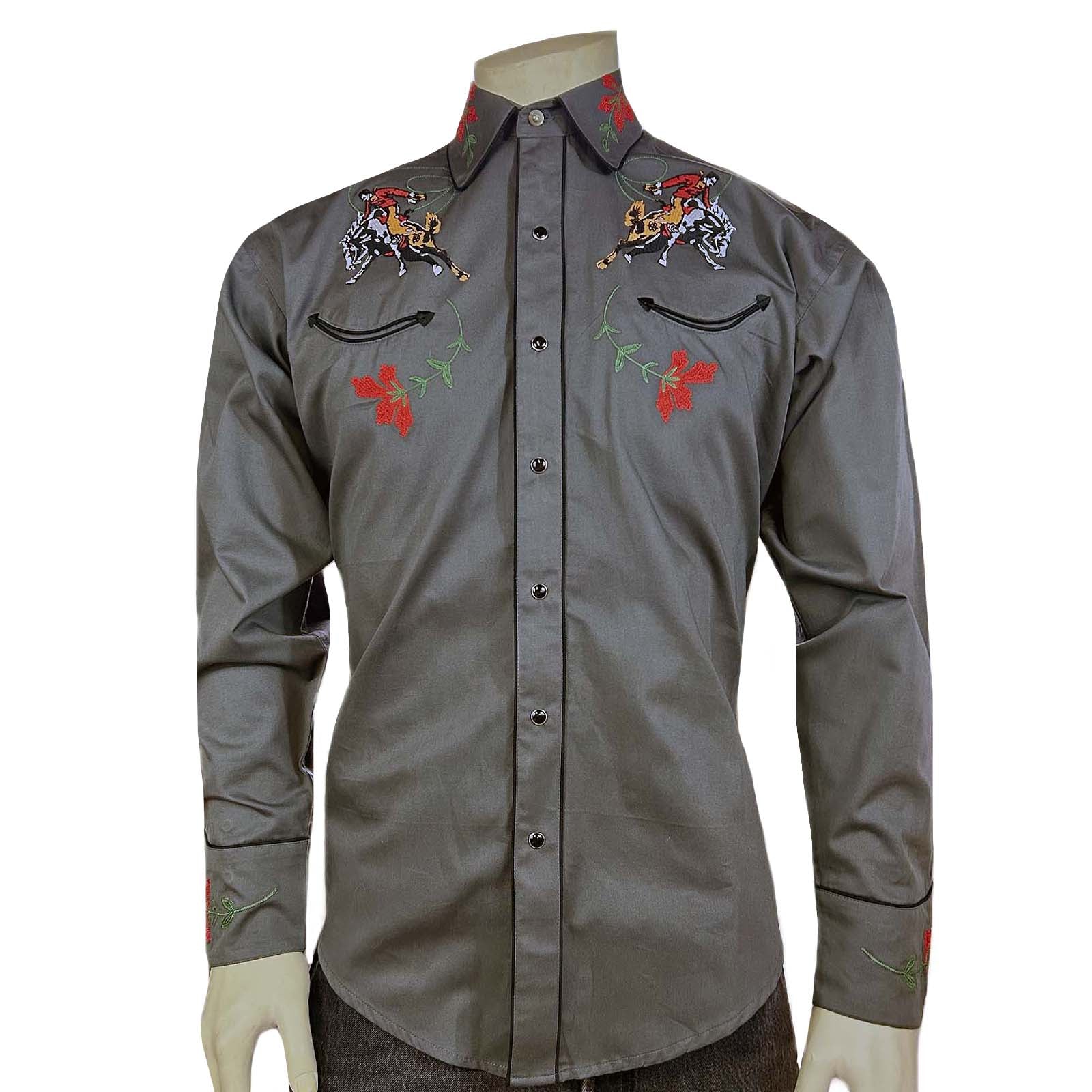 Men's Vintage Bronc Embroidered Western Shirt in Grey