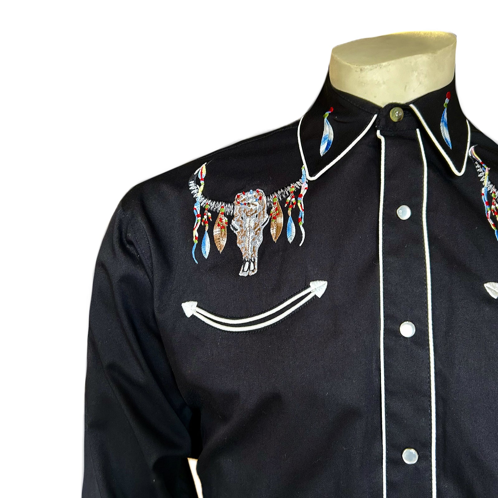 Men's Steer Skulls with Feathers Embroidered Western Shirt in Black