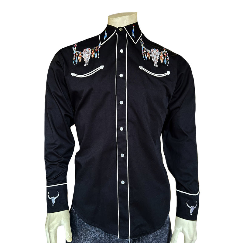 Men's Steer Skulls with Feathers Embroidered Western Shirt in Black