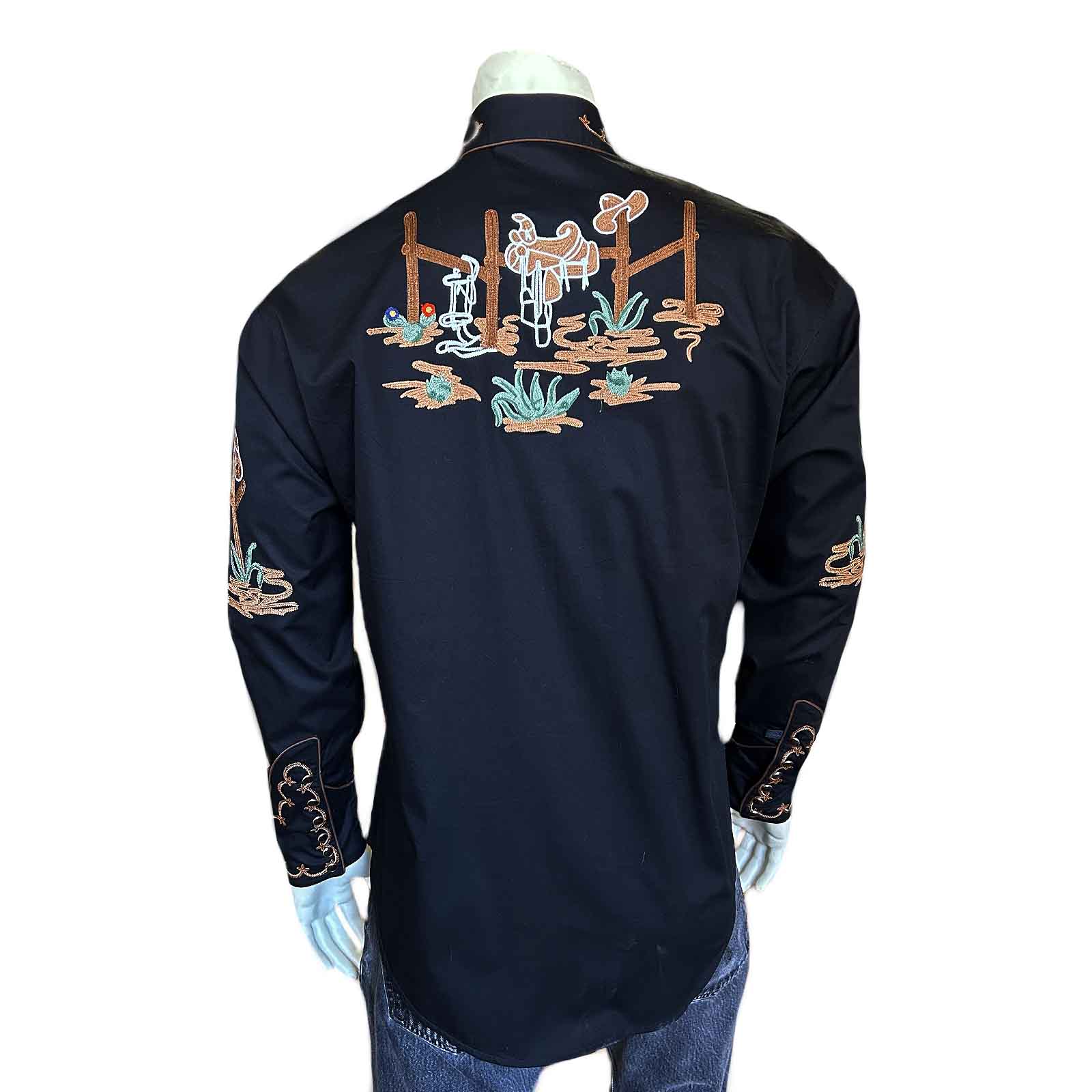 Men's Cactus u0026 Cowboy Boots Embroidered Western Shirt in Black