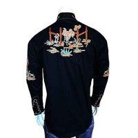 Men's Black Cactus & Cowboy Boots Embroidered Western Shirt