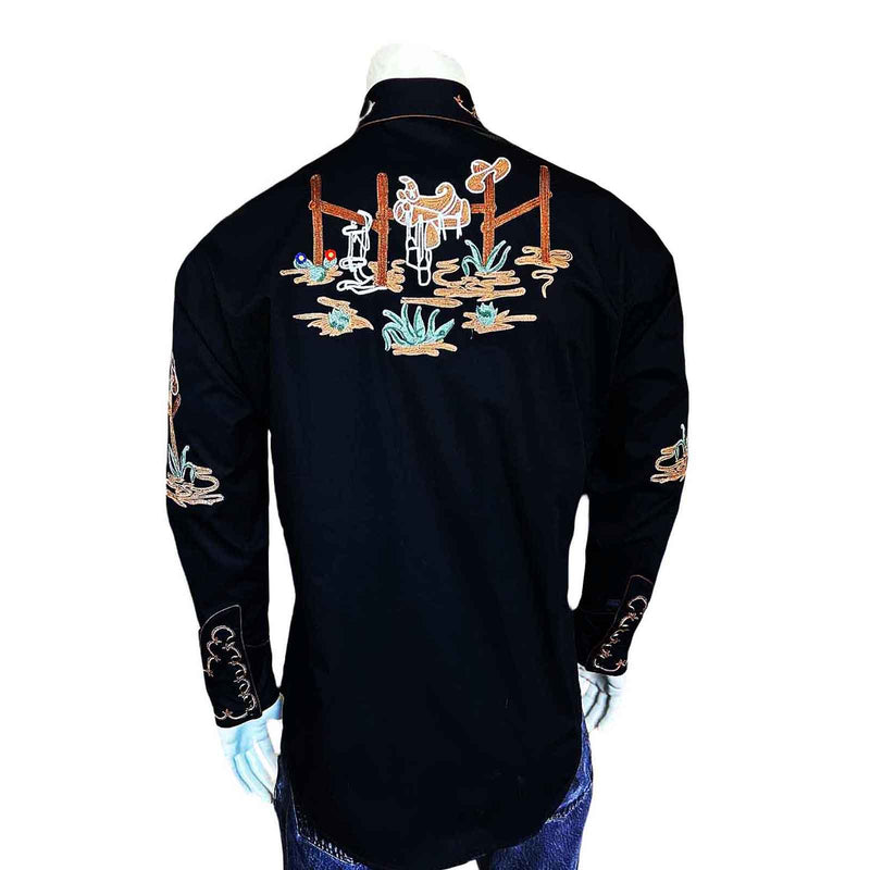 Men's Black Cactus & Cowboy Boots Embroidered Western Shirt