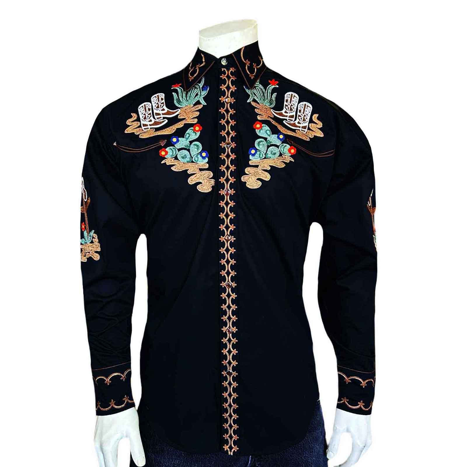 Men's Black Cactus & Cowboy Boots Embroidered Western Shirt