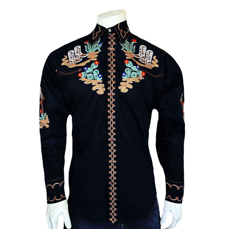 Men's Black Cactus & Cowboy Boots Embroidered Western Shirt