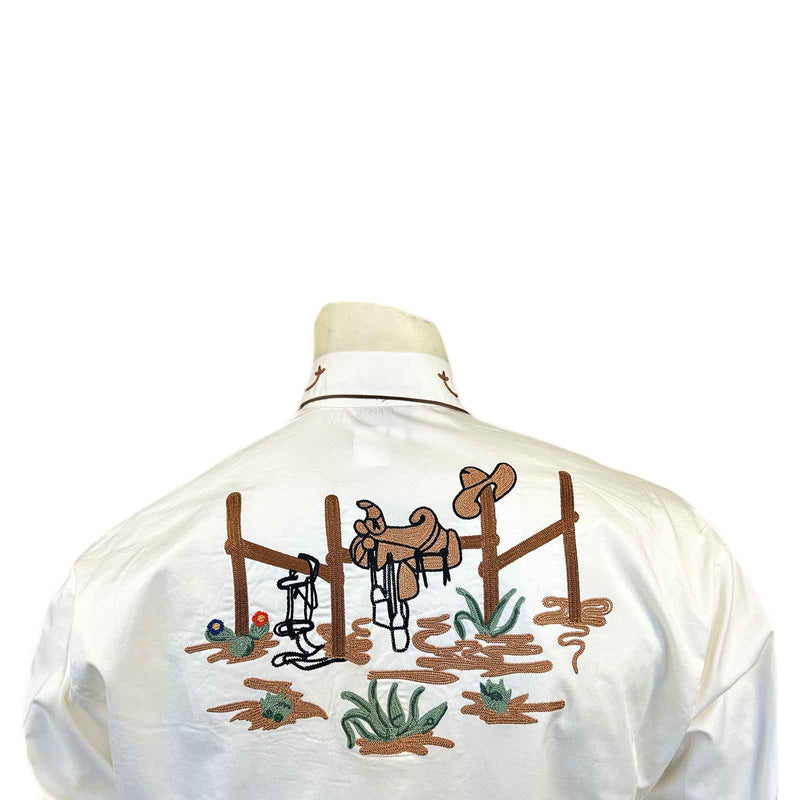 Men's Cactus & Cowboy Boots Embroidered Western Shirt in Ivory