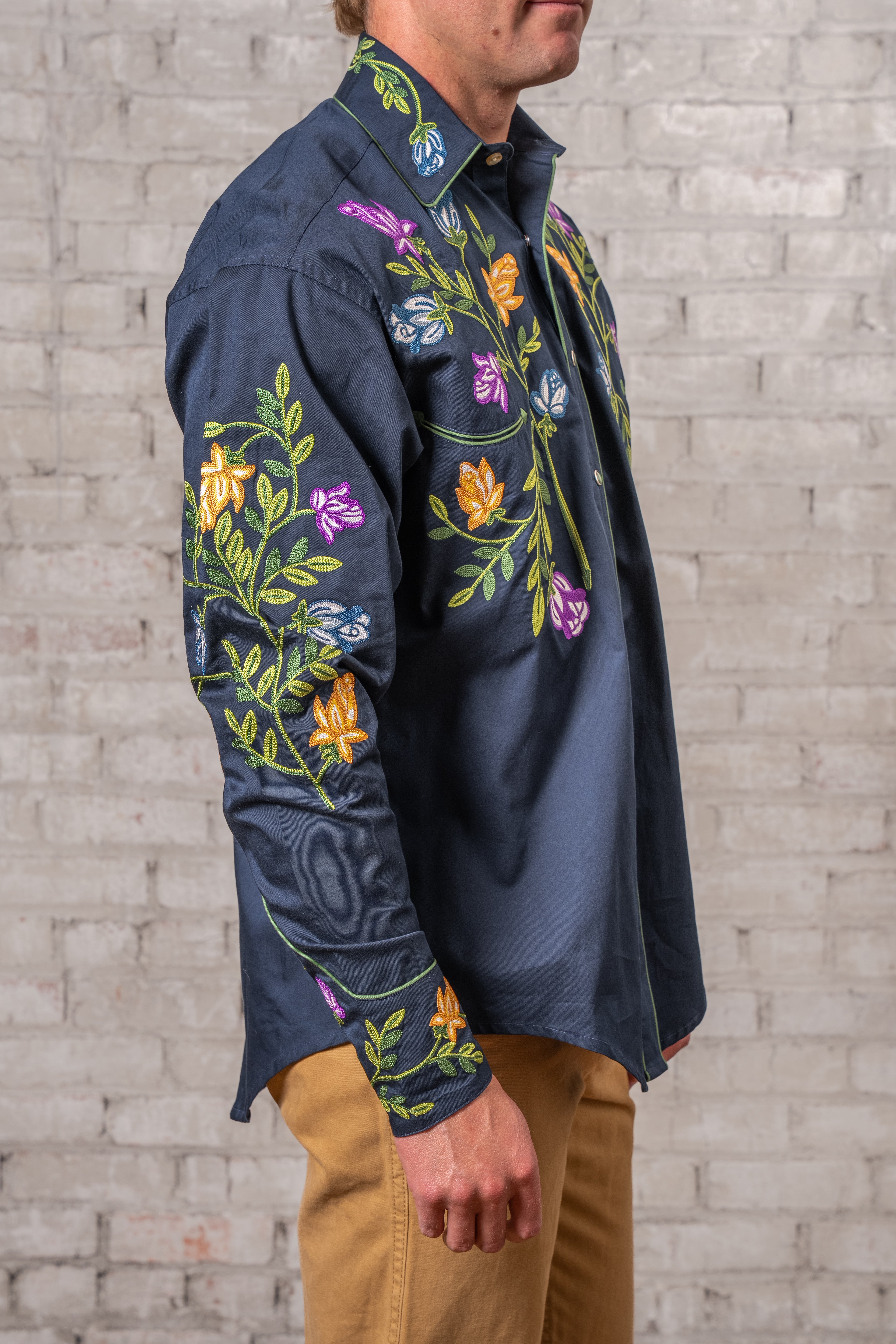 Rockmount Men's Navy Floral Crochet Embroidered Western Shirt