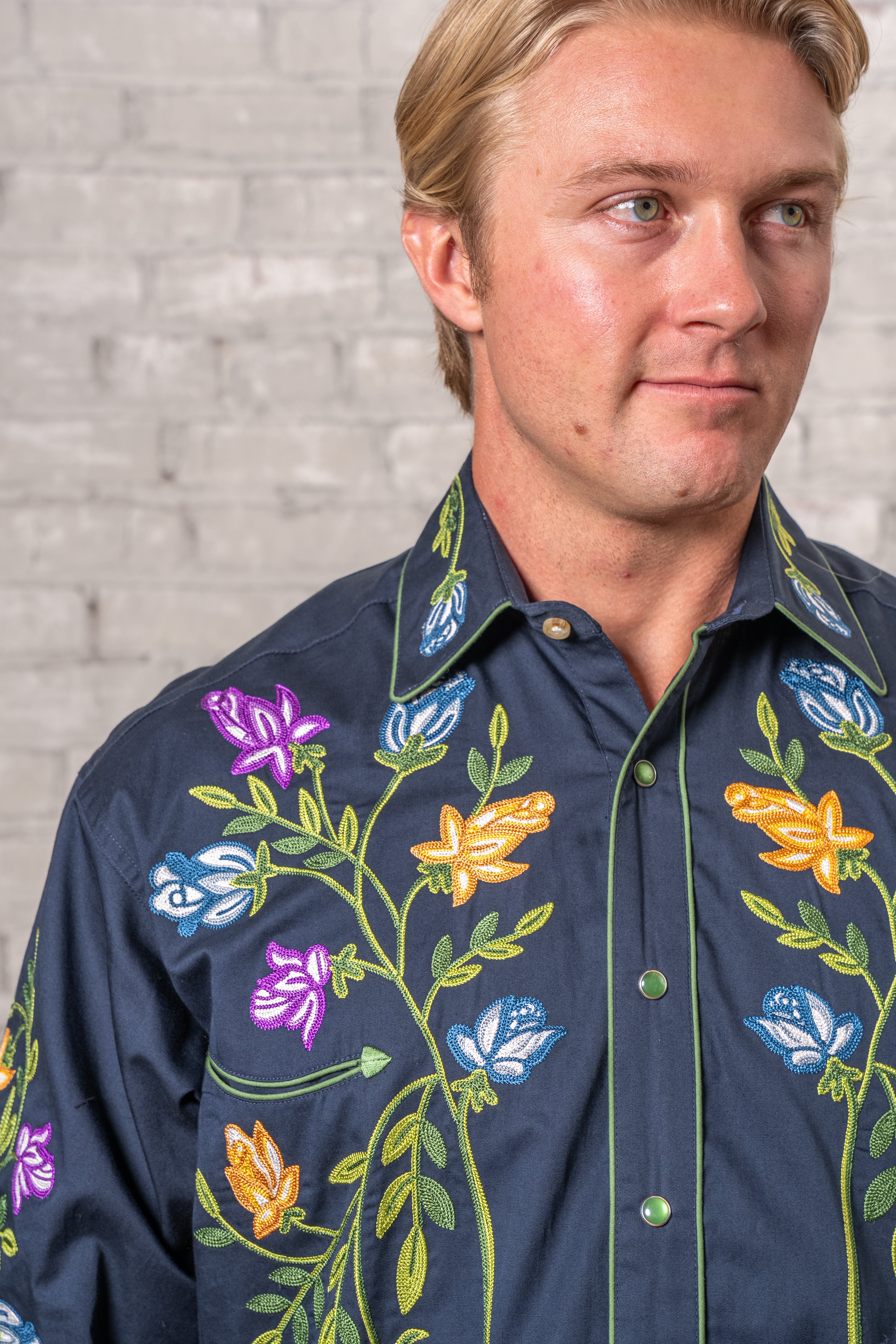 Rockmount Men's Navy Floral Crochet Embroidered Western Shirt