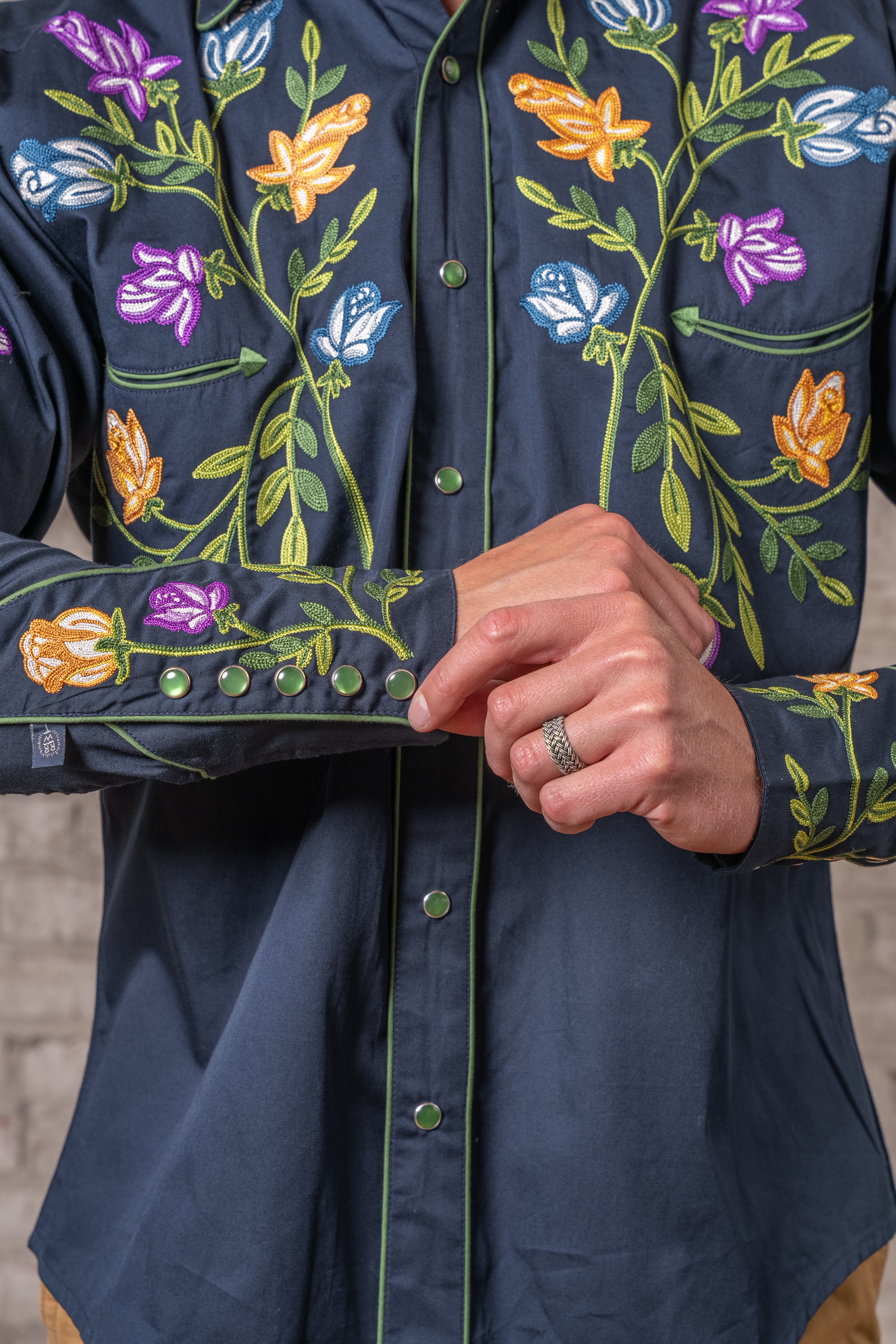Rockmount Men's Navy Floral Crochet Embroidered Western Shirt
