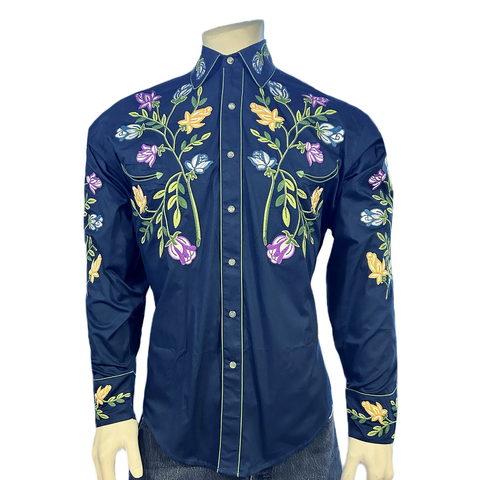 Men's Vintage Navy Floral Embroidered Western Shirt