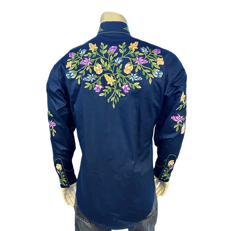 Rockmount Men's Floral Embroidery Cotton Gabardine Black Western Shirt
