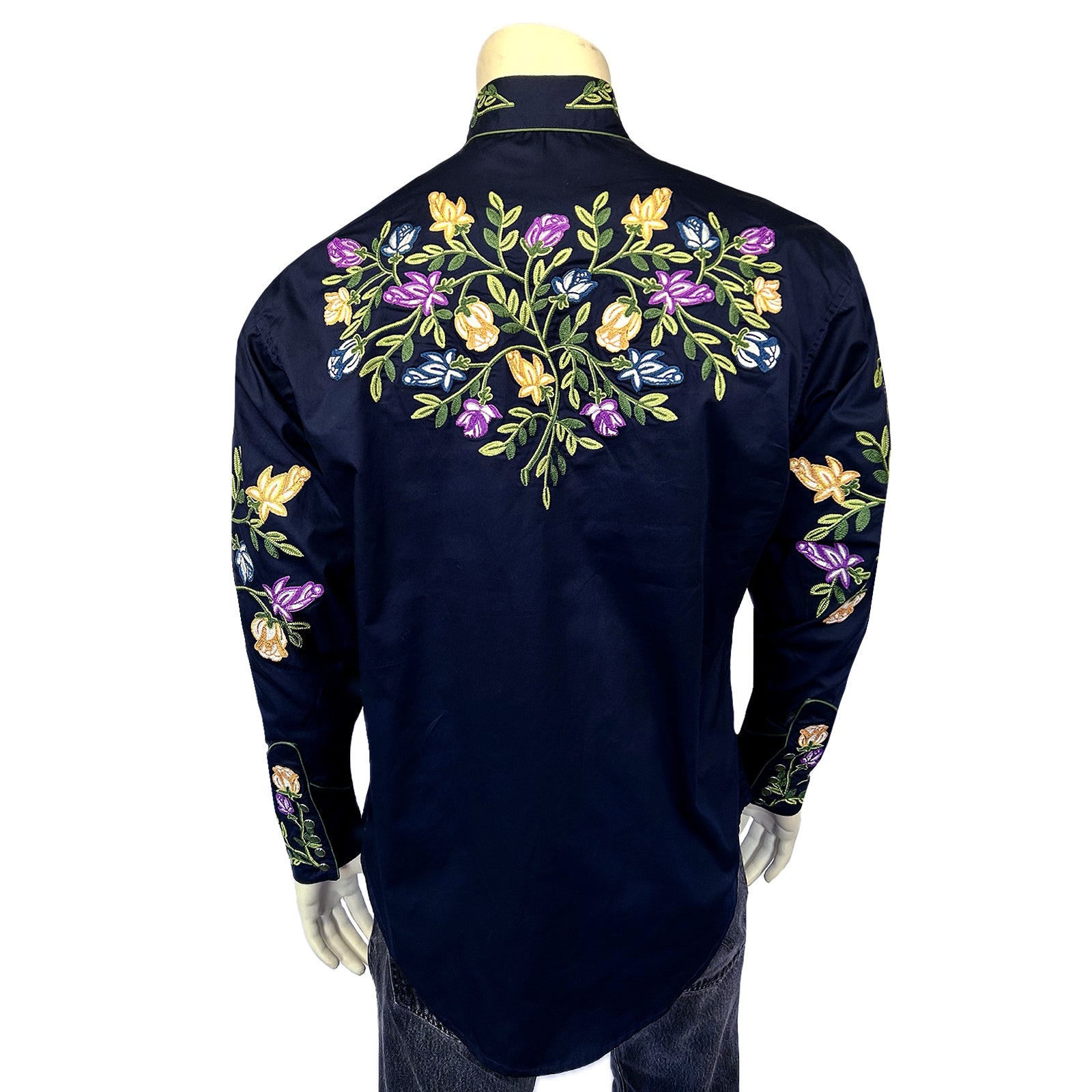 Men's Vintage Navy Floral Crochet Embroidered Western Shirt